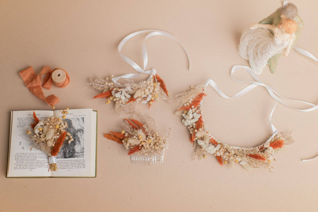 hiddenbotanicsweddings Hair Crowns Natural Gypsophila & Burnt Orange Hair Crown Wedding Boho Set / Wedding Dried Flowers