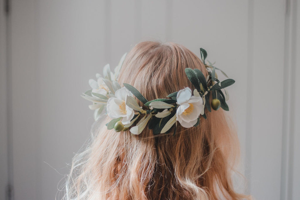 hiddenbotanicsweddings Hair Crowns Olive branch wedding crown, olive leaves and cream blossoms, wedding crown, boho wedding crown, Greek style wedding crown