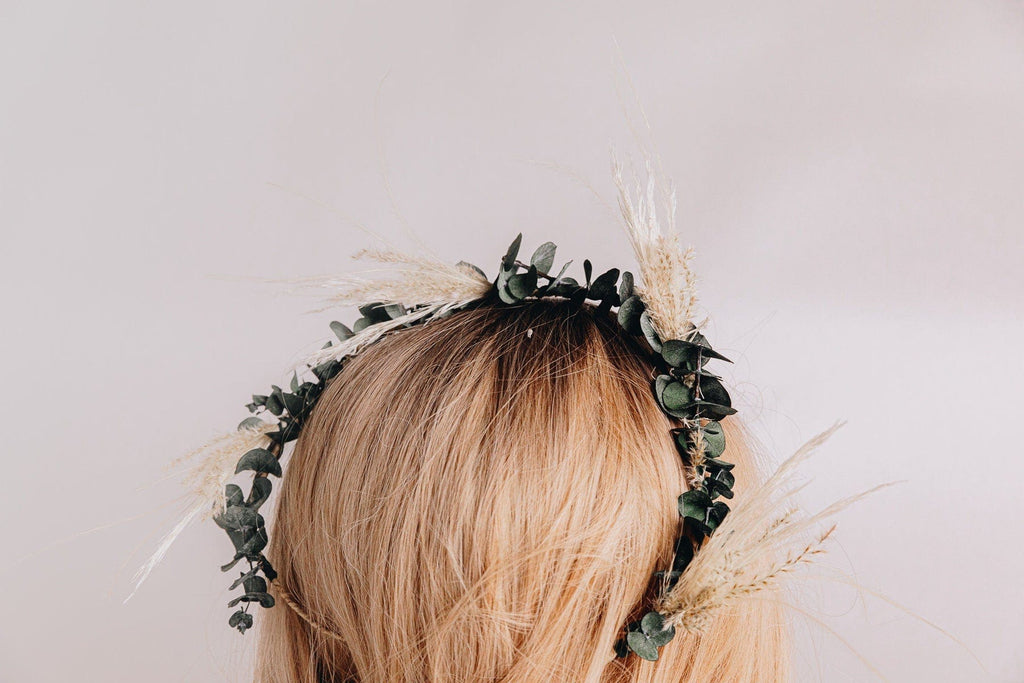 hiddenbotanicsweddings Hair Crowns Pampas Grass & Real Preserved Eucalyptus Crown, Greenery Crown, Leaf Crown, floral crown, bridal flower crown, bridal crown, wedding crown
