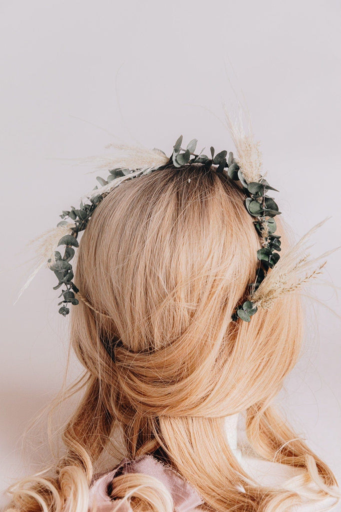 hiddenbotanicsweddings Hair Crowns Pampas Grass & Real Preserved Eucalyptus Crown, Greenery Crown, Leaf Crown, floral crown, bridal flower crown, bridal crown, wedding crown