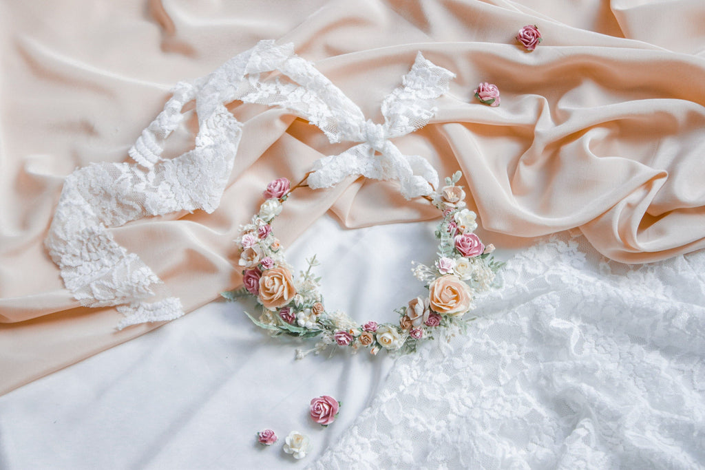 hiddenbotanicsweddings Hair Crowns Pastel Pink Dainty Flower Crown, Lace Fabric Ribbon, Mullberry Paper Roses,Peony Crown, Blush Pink & Cream Roses