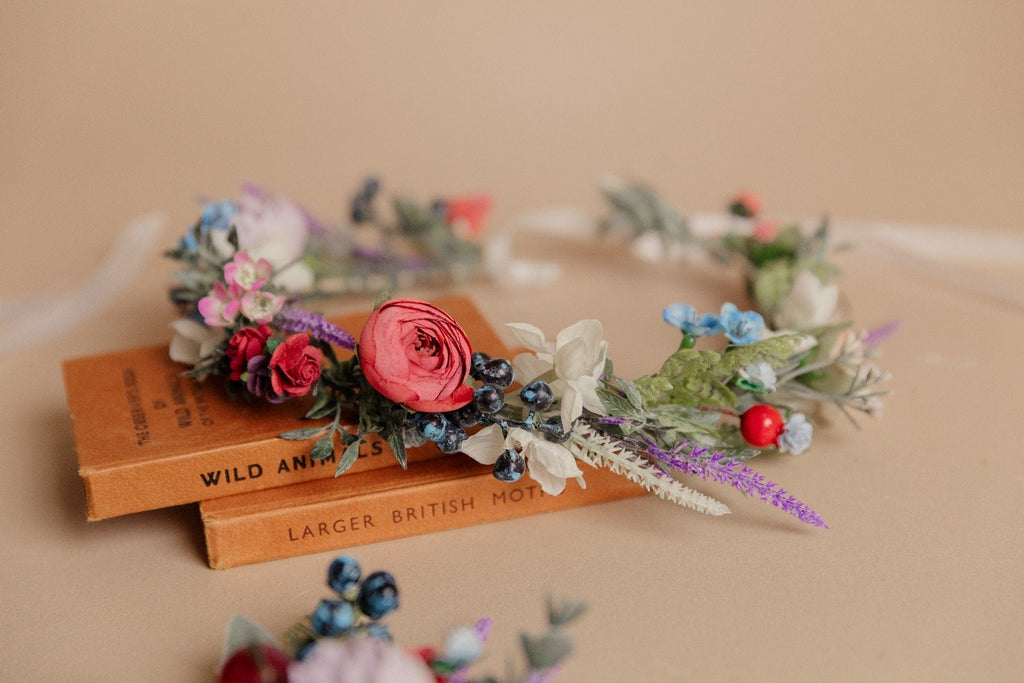 hiddenbotanicsweddings Hair Crowns Pastel Red and Artificial Wildflowers Boho Flower Crown / Boho Headpiece / Festival Crown / Bridal Crown