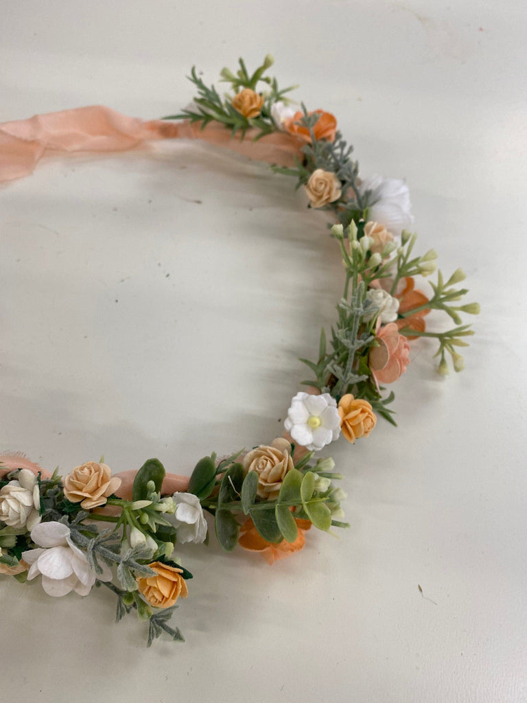 hiddenbotanicsweddings Hair Crowns Peach Dainty Flower Crown, Fabric Ribbon, Mullberry Paper Roses,Blush Peach & Cream Roses