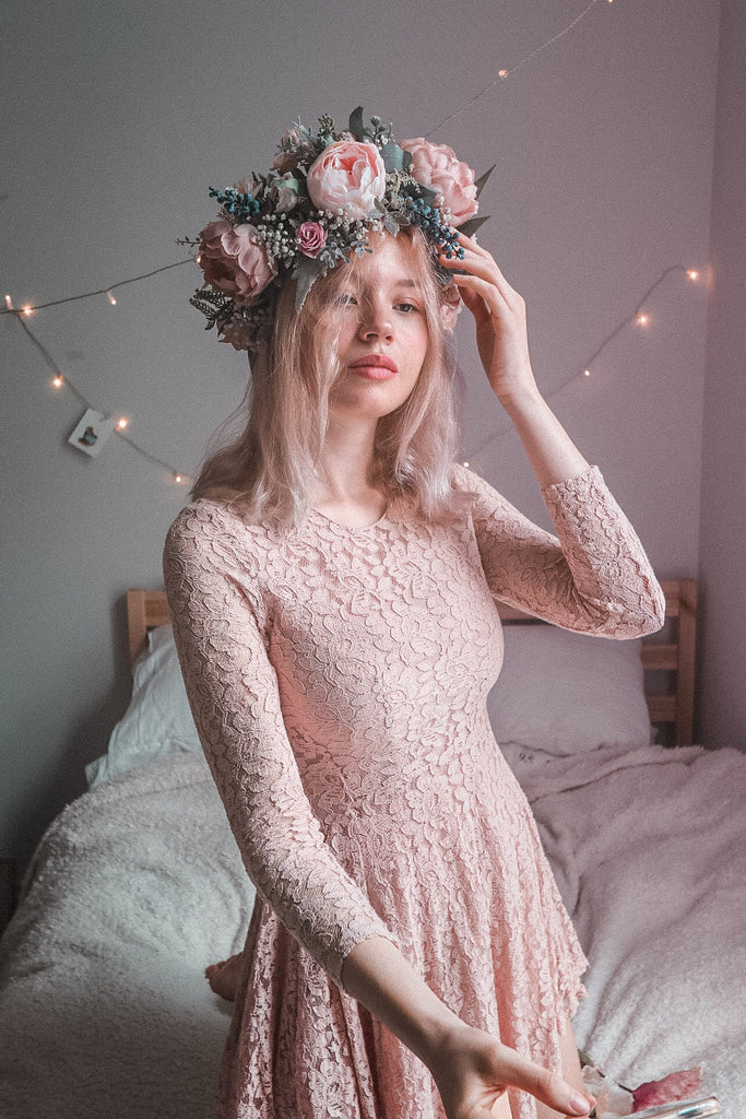hiddenbotanicsweddings Hair Crowns Pink and White Boho Flower Crown / Boho Headpiece / Festival Crown / Bridal Crown with dried gypsophilas and artificial peonies