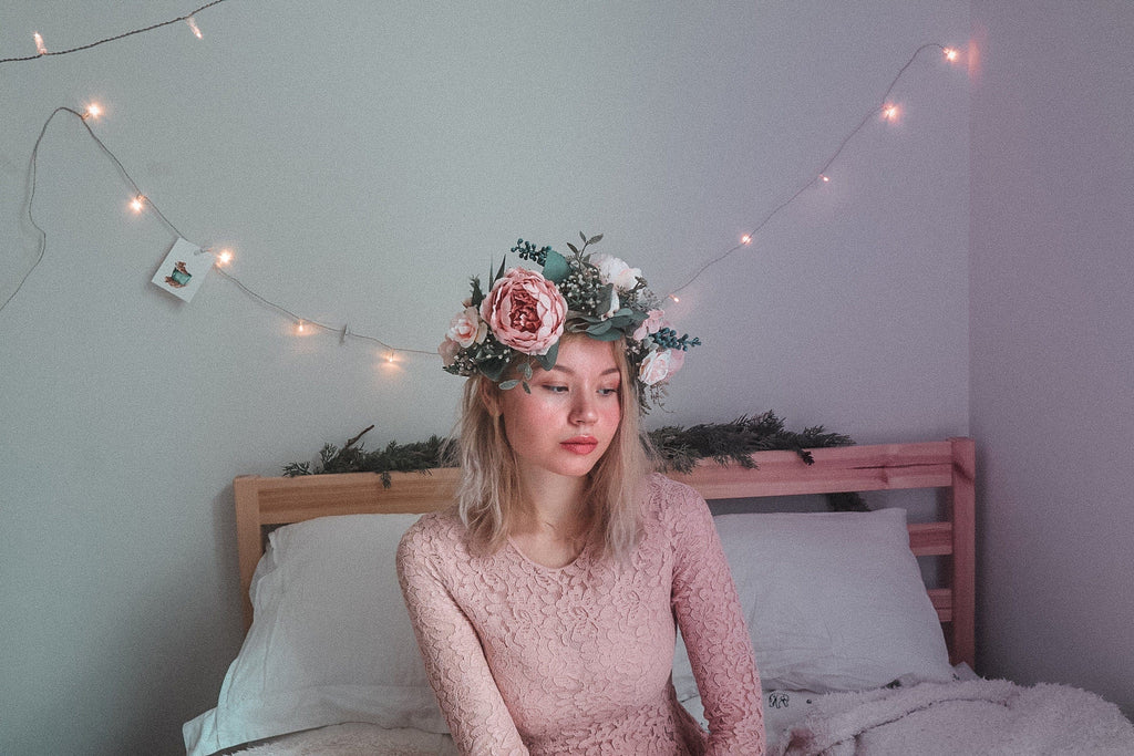 hiddenbotanicsweddings Hair Crowns Pink and White Boho Flower Crown / Boho Headpiece / Festival Crown / Bridal Crown with dried gypsophilas and artificial peonies