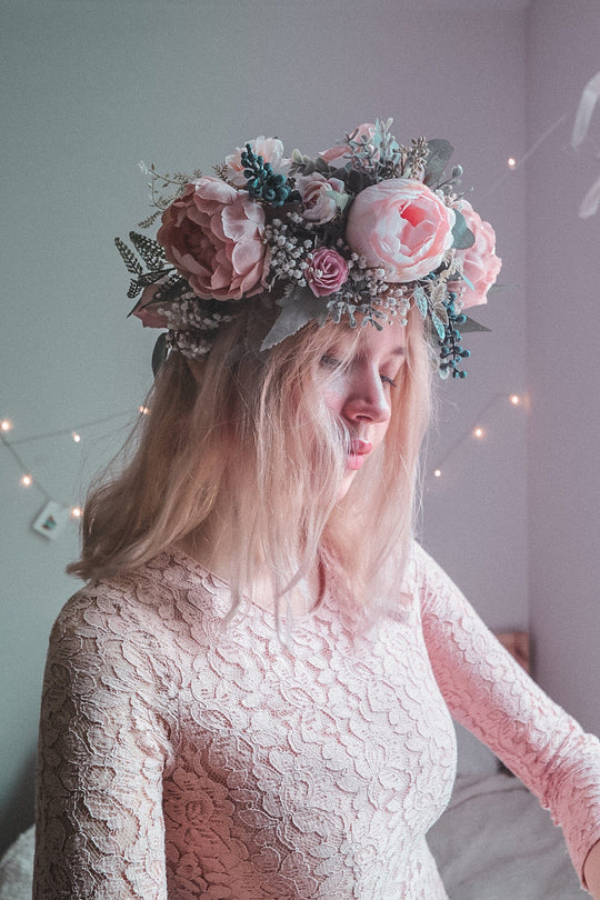 Pastel Boho Flower Crown / Boho Headpiece / Festival Crown / Bridal Crown  With Dried Gypsophilas and Artificial Peonies 