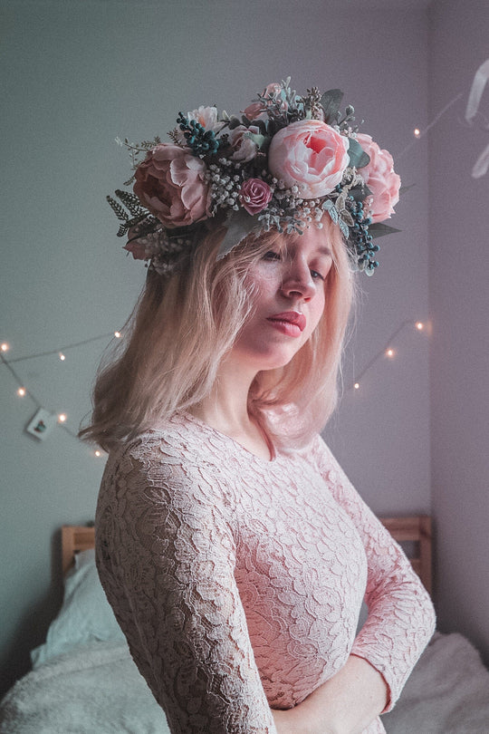 Pastel Boho Flower Crown / Boho Headpiece / Festival Crown / Bridal Crown  With Dried Gypsophilas and Artificial Peonies 
