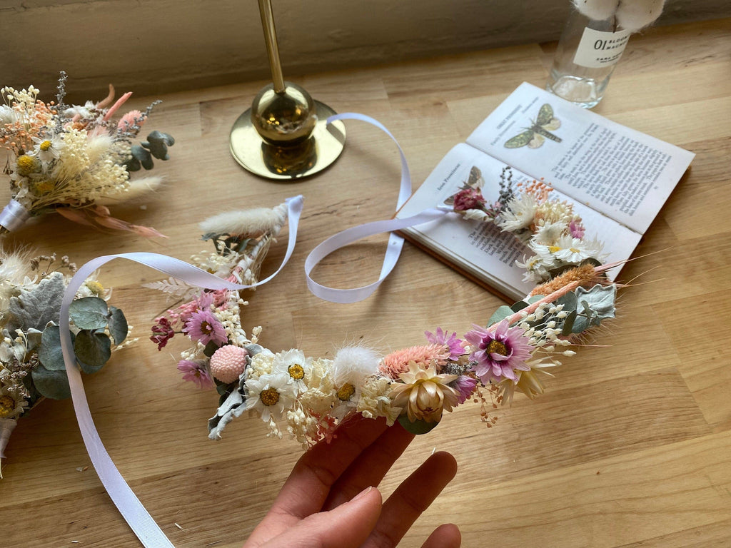 hiddenbotanicsweddings Hair Crowns Pink Daisies All Dried Wildflower Bridal Wedding Crown / Boho Bride Wedding Flower Headband / Flower Wreath