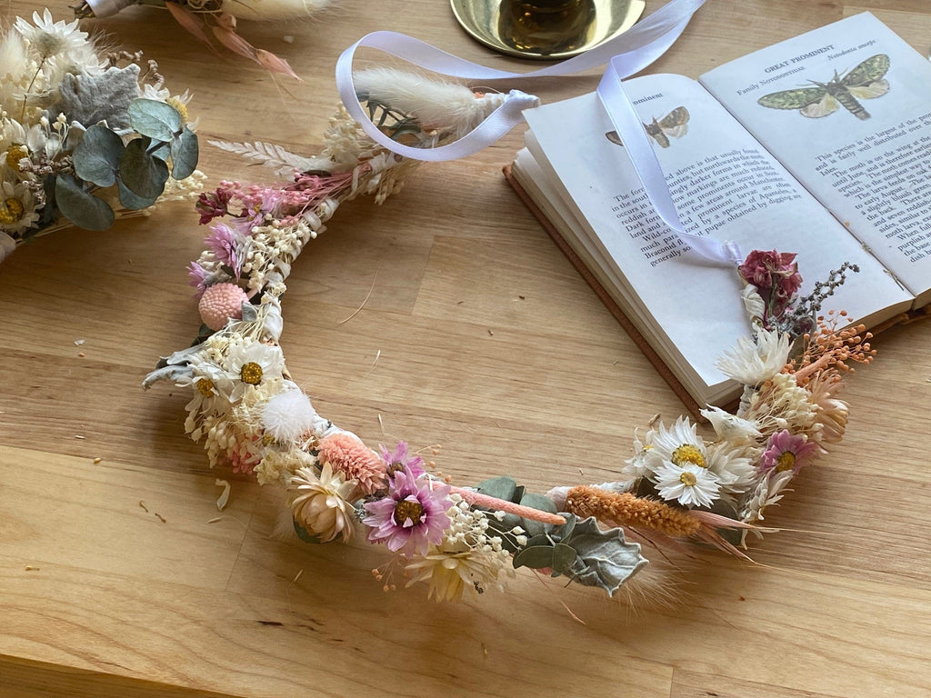 hiddenbotanicsweddings Hair Crowns Pink Daisies All Dried Wildflower Bridal Wedding Crown / Boho Bride Wedding Flower Headband / Flower Wreath