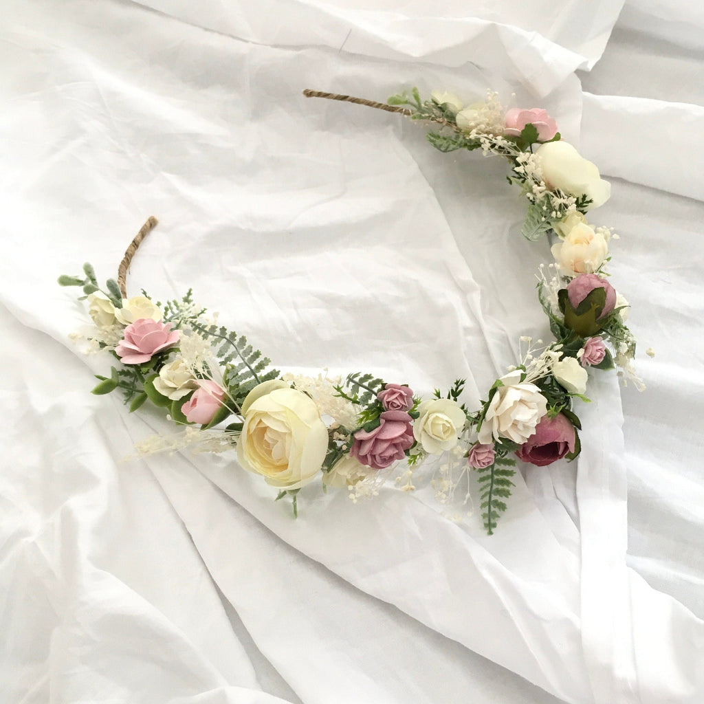 hiddenbotanicsweddings Hair Crowns Pink Mulberry Paper Roses Flower Crown  / Wedding Flower Crown / Bridal Crown / Flower Girl Crown