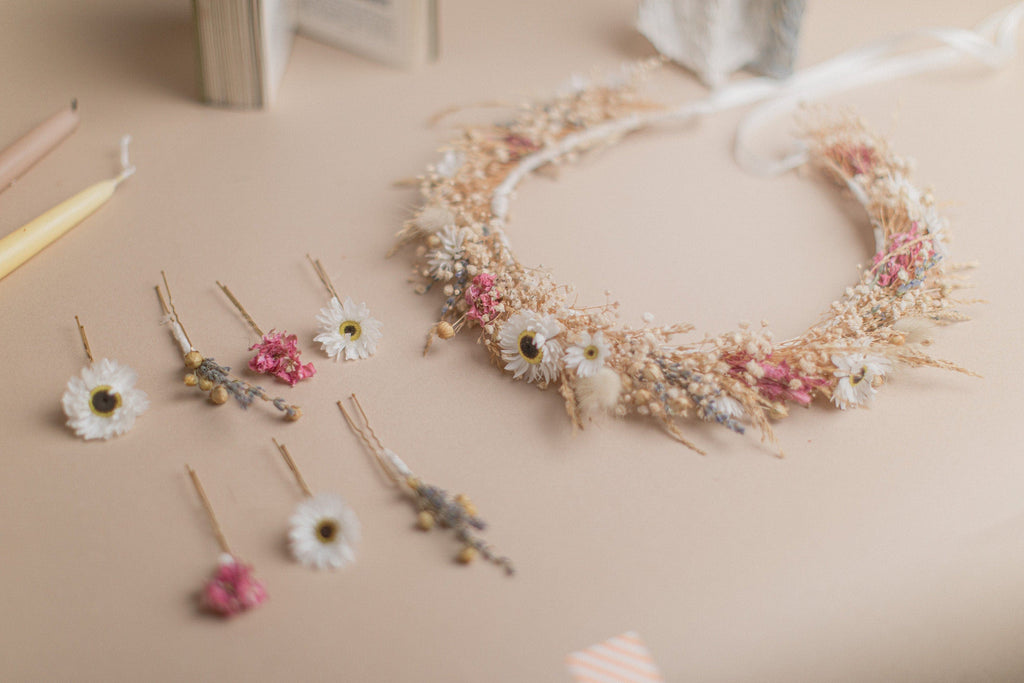 hiddenbotanicsweddings Hair Crowns Pinks and Daisies Wildflower Bridal Wedding Crown Set / Boho Bride Wedding