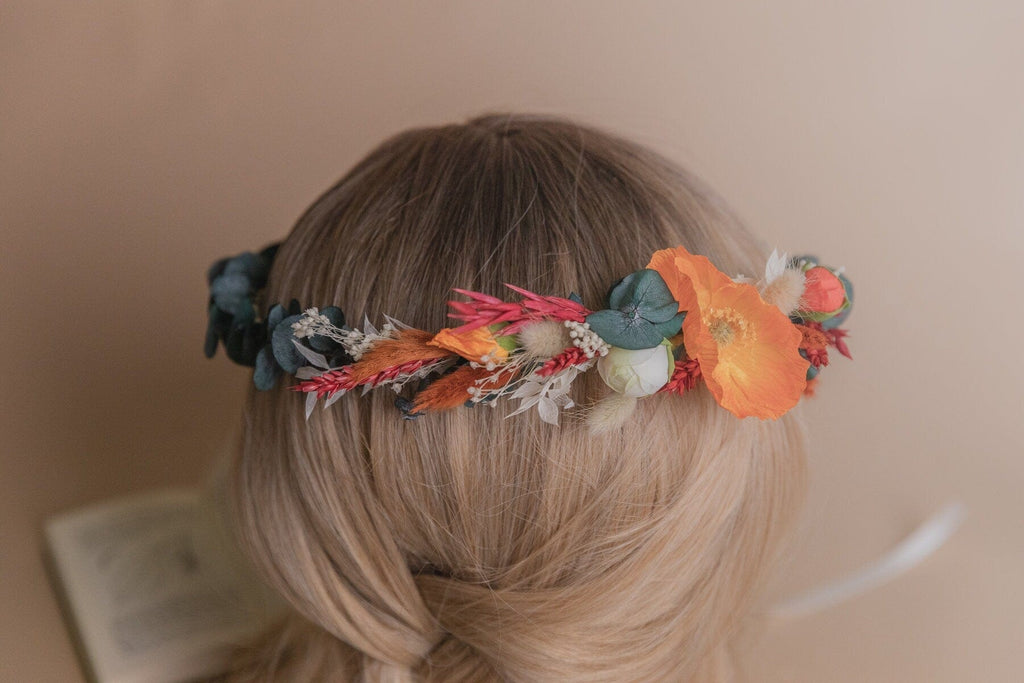 hiddenbotanicsweddings Hair Crowns Preserved Eucalyptus Greenery Crown &  Orange Silk Poppy Flower Dried Flowers Boho Bridal Wedding Crown