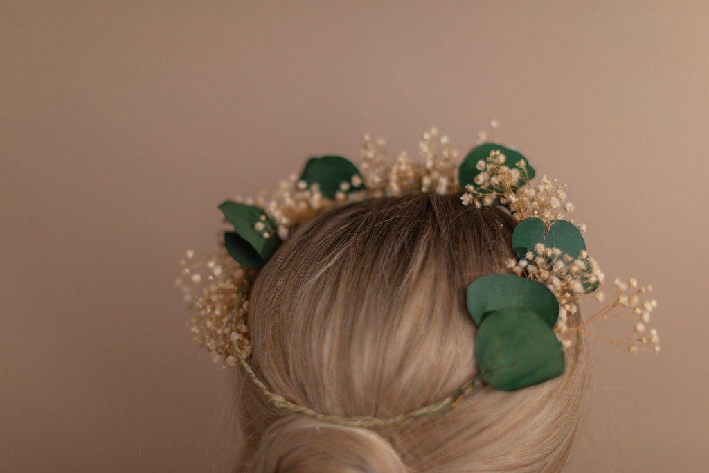 hiddenbotanicsweddings Hair Crowns Preserved Green Eucalyptus & Baby's Breath Crown / Gypsophila Crown / Real Dried Flowers Crown / Dried Wedding Crown