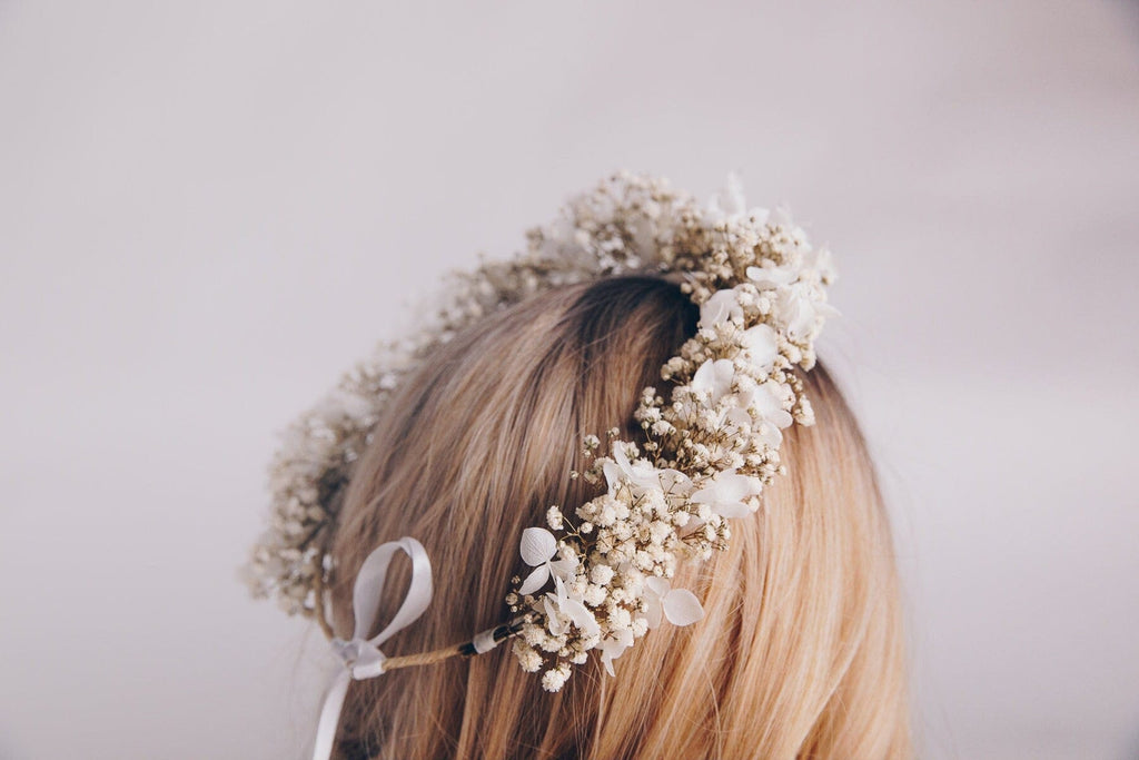 hiddenbotanicsweddings Hair Crowns Preserved White Gypsophila & Hydrangea Bridal Boho Crown / Wedding Crown
