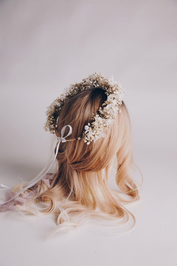 hiddenbotanicsweddings Hair Crowns Preserved White Gypsophila & Hydrangea Bridal Boho Crown / Wedding Crown