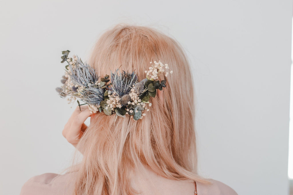 hiddenbotanicsweddings Hair Crowns Real Dried Thistle Crown, Dried Eucalyptus and Preserved White Roses with Thistles Crown, Boho Flower Crown , Bridal Crown