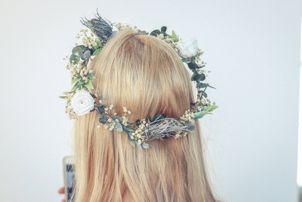 hiddenbotanicsweddings Hair Crowns Real Dried Thistle Crown, Dried Eucalyptus and Preserved White Roses with Thistles Crown, Boho Flower Crown , Bridal Crown