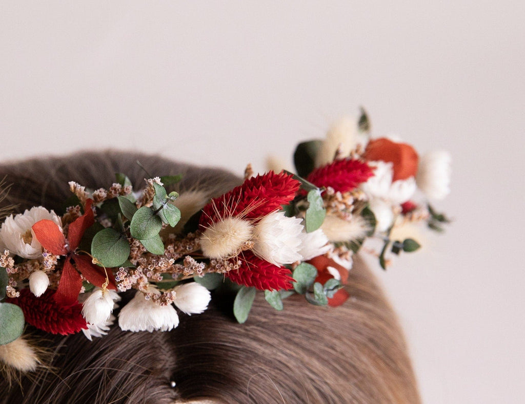 hiddenbotanicsweddings Hair Crowns Red Canary Grass, Daisies and Preserved Eucalyptus Wildflfower Crown With Sea Lavender