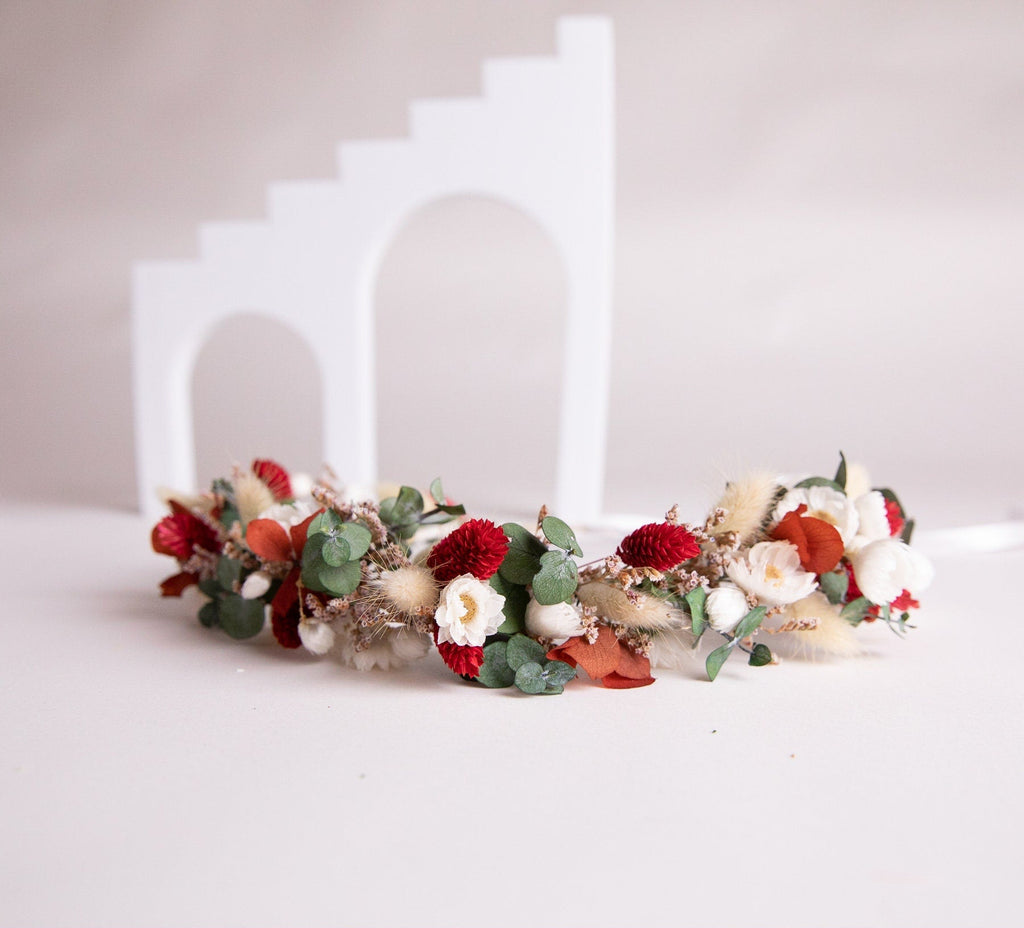 hiddenbotanicsweddings Hair Crowns Red Canary Grass, Daisies and Preserved Eucalyptus Wildflfower Crown With Sea Lavender