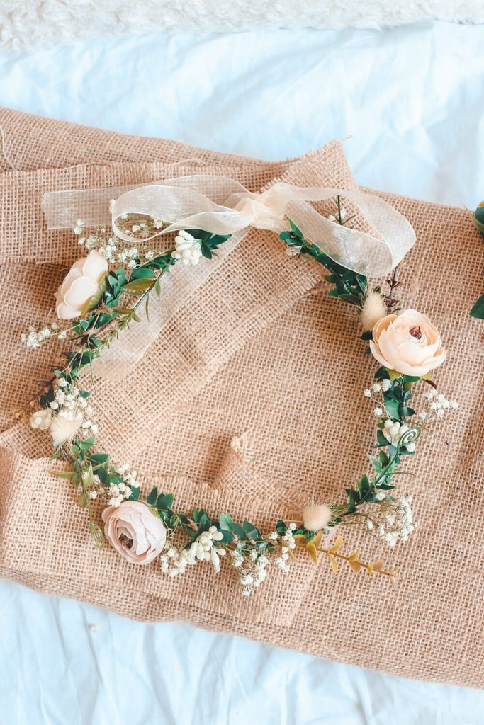 hiddenbotanicsweddings Hair Crowns Whimsical Ivy Bridal Crown with Cream Peonies & Gypsohila (Baby's Breath) -Wedding Crown