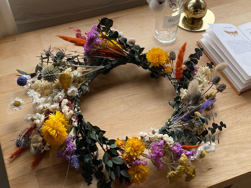 hiddenbotanicsweddings Hair Crowns Wildflower Eucalyptus, Daisies & Scottish Thistle Dried Flower Crown / Colourful Bridal Crown / Wedding Flower Crown