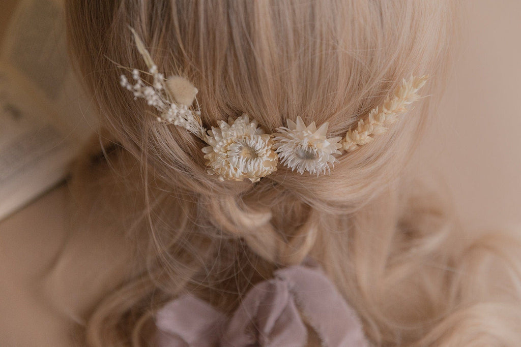 hiddenbotanicsweddings Hair Pin Sets Cream Straw Flowers and Lagurus Boho 4 Piece Hair Pin Set / Boho Bride Hair Pins