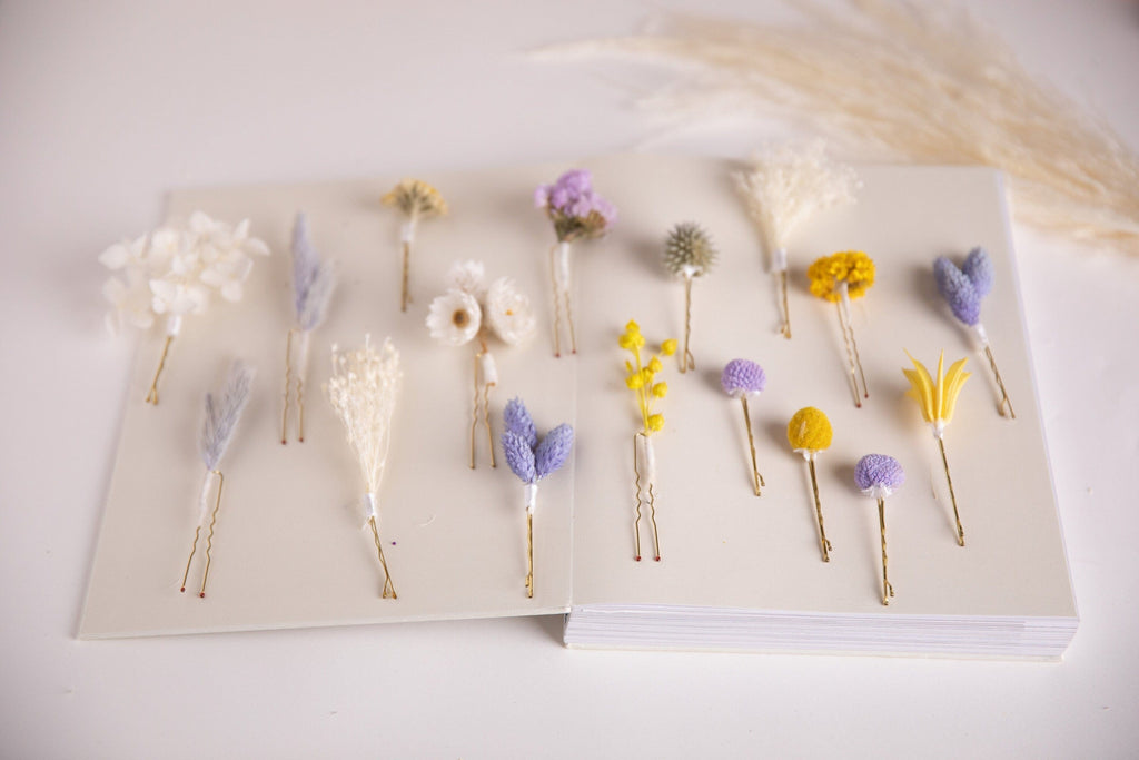 hiddenbotanicsweddings Hair Pin Sets Pastel Yellows & Lilacs 18 piece Hair Pins  Set, Boho Hair Pins, Wedding Hair Pins, Flower Pin Set