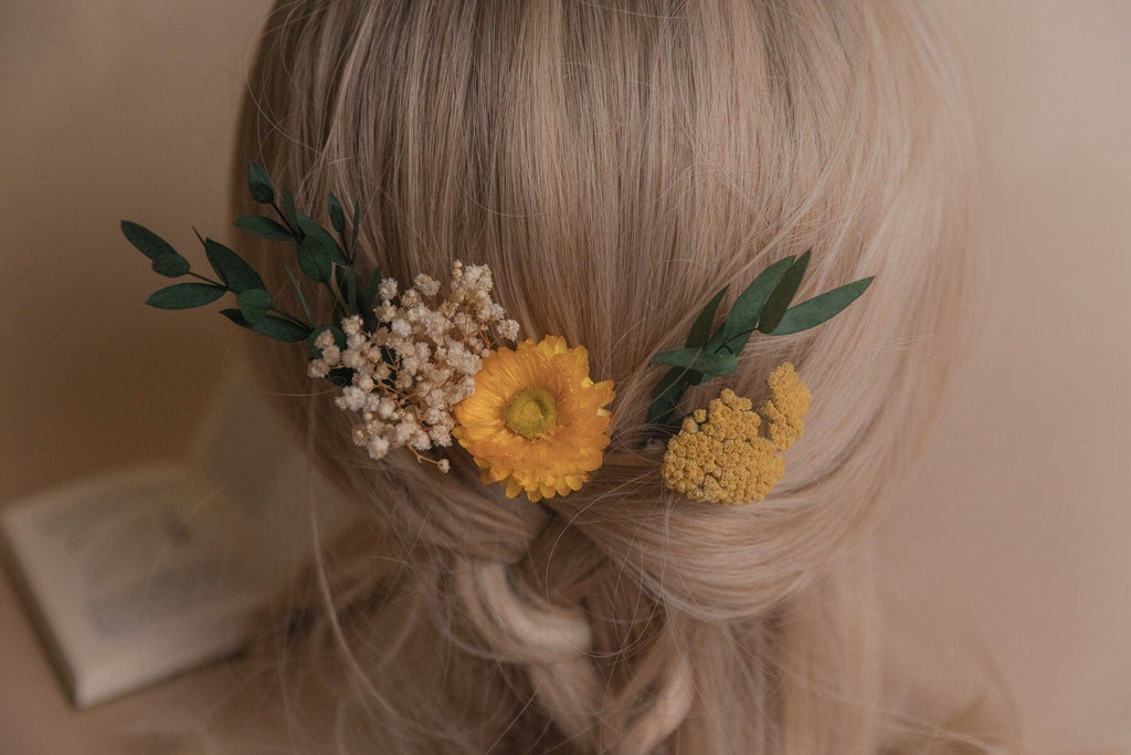hiddenbotanicsweddings Hair Pin Sets Preserved Eucalyptus & Yellow Yarrow Flowers With Yellow Straw Flowers Boho Bridal Hair Pin Set 5 Piece