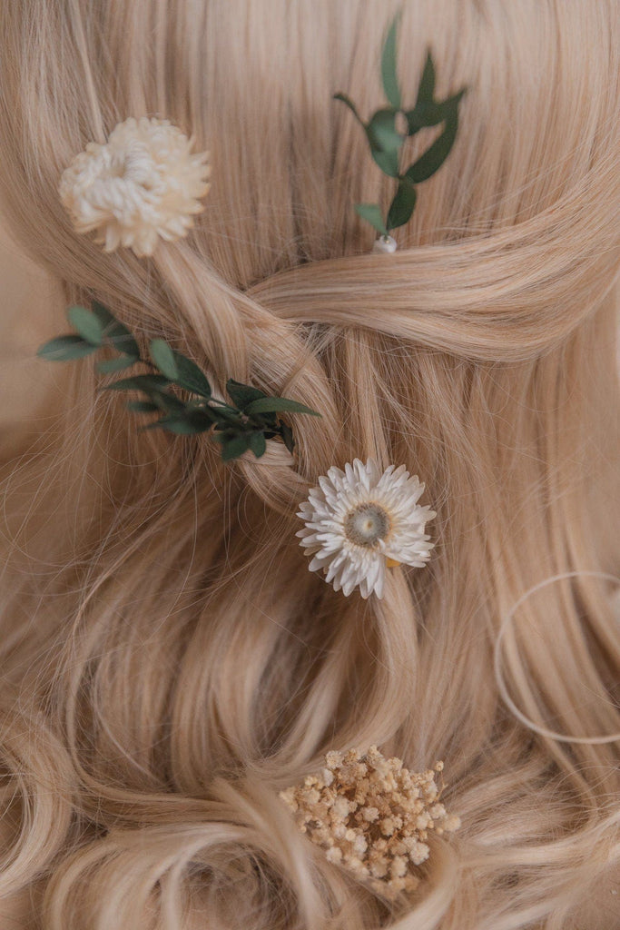 hiddenbotanicsweddings Hair Pin Sets Real Eucalyptus & Straw Flowers with Dried Gypsophila 5 Piece Hair Pin Set