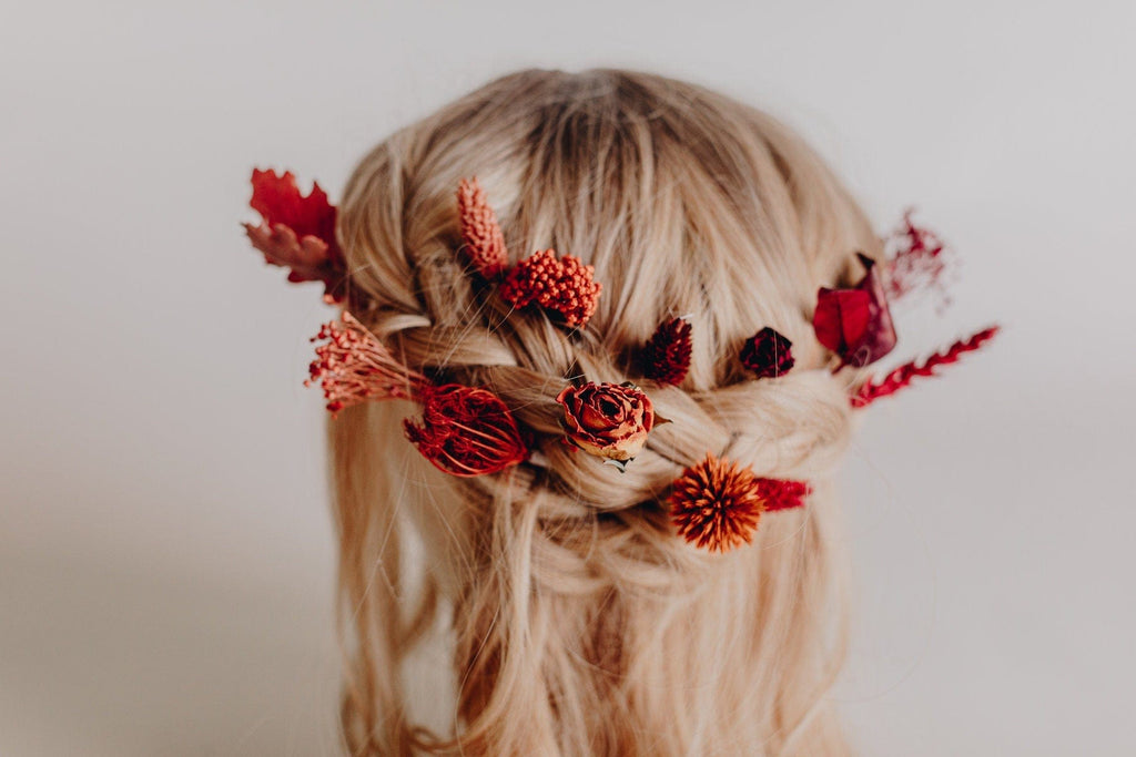 hiddenbotanicsweddings Hair Pin Sets Red Dried Roses & Echinops Thistle Hair Pins Set, Boho Hair Pins, Wedding Hair Pins, Flower Pin Set