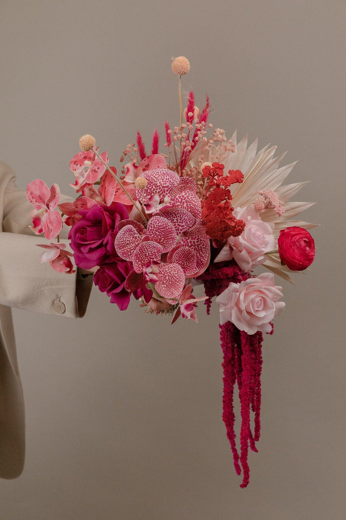 hiddenbotanicsweddings Hot Pink Real Touch Orchid Bridal Bouquet / Amaranthus Bouquet Boho Wedding