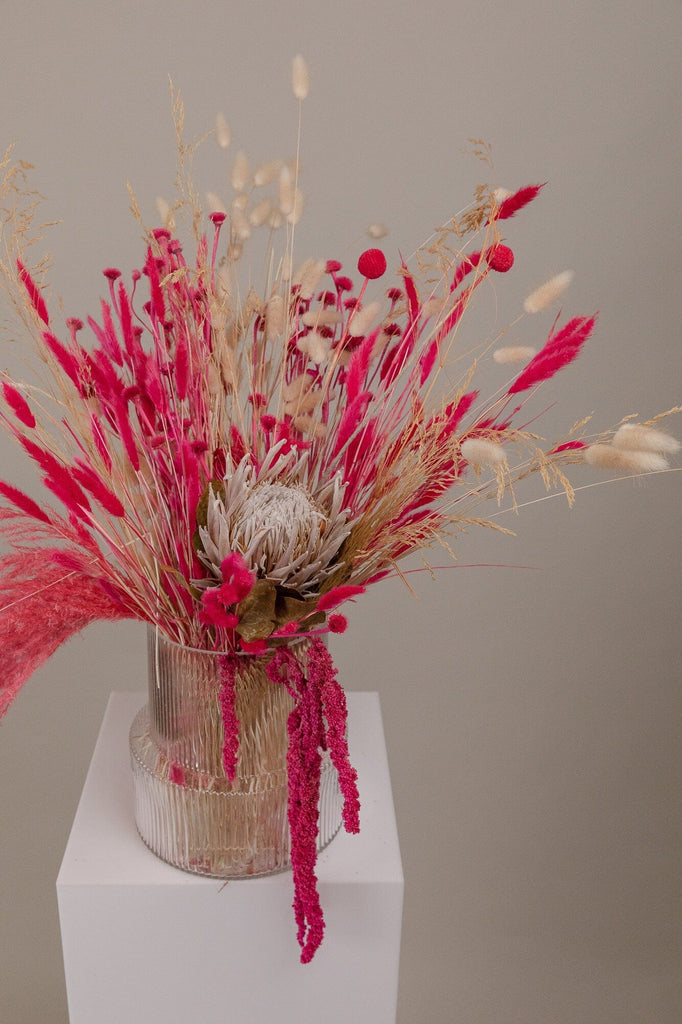 hiddenbotanicsweddings Kind Protea Preserved & Hot Pink Amaranthus Dried Loose Flowers Centerpiece and Vase Arrangement