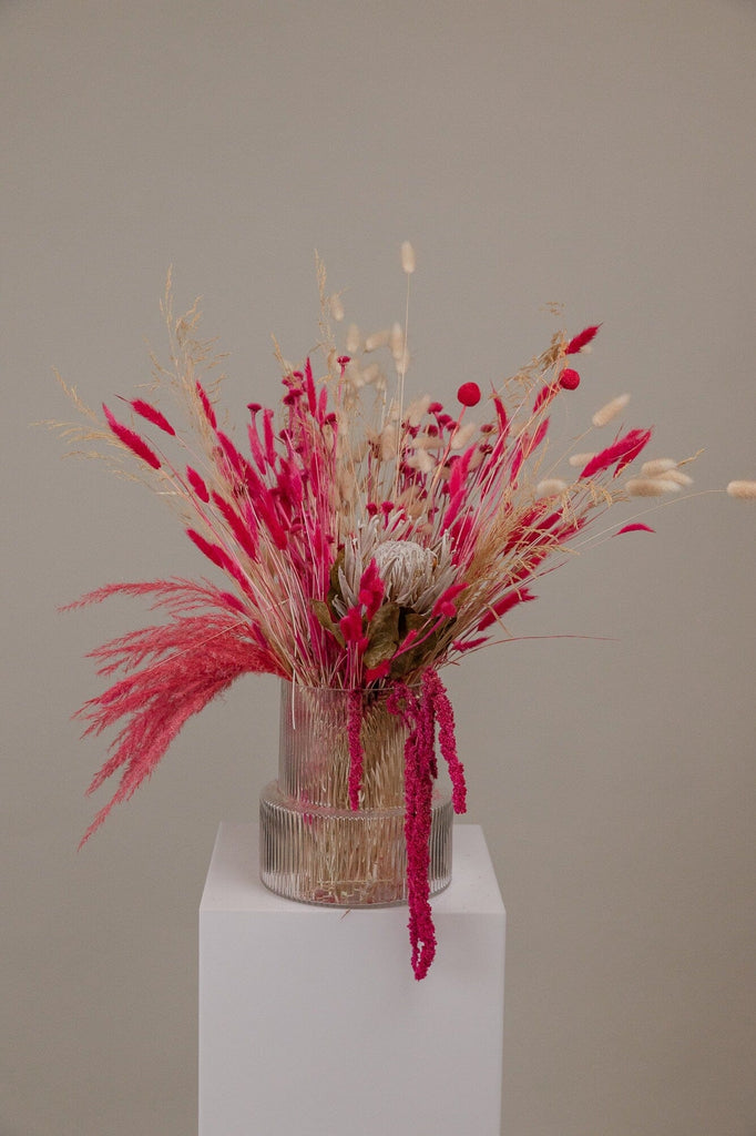 hiddenbotanicsweddings Kind Protea Preserved & Hot Pink Amaranthus Dried Loose Flowers Centerpiece and Vase Arrangement