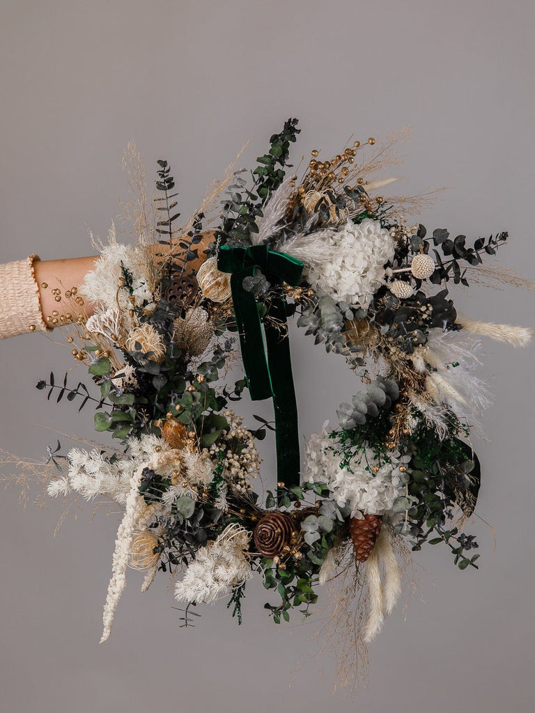 hiddenbotanicsweddings Modern Christmas Wreath No.5 / Velvet Ribbon Soft Winter Door Wreath Christmas Decoration / Christmas Wreath / Xmas Door Wreath