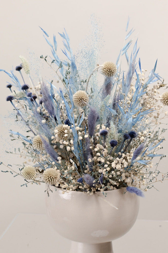 hiddenbotanicsweddings Pastel Blue Wildflowers & Scottish Globe Thistles Loose Flowers Centerpiece and Vase Arrangement / Ceremony Flowers