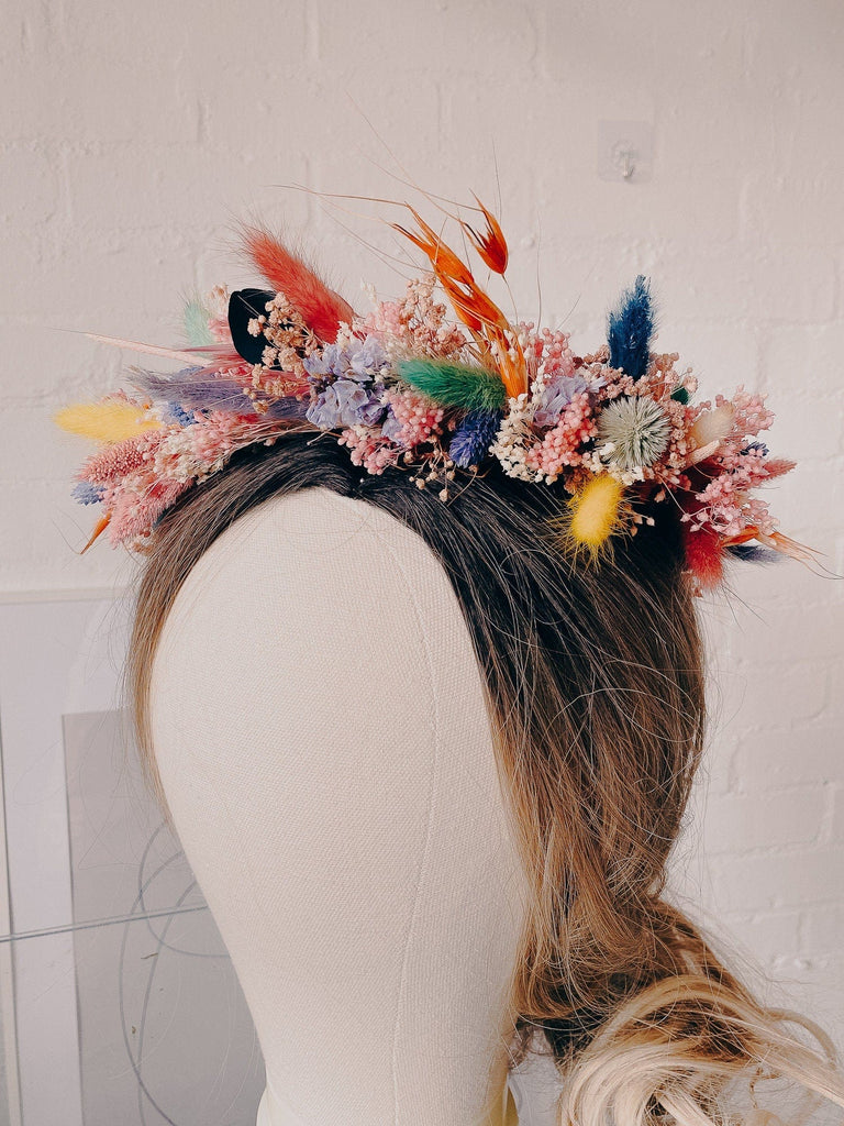 hiddenbotanicsweddings Pastel Dream Wildflowers Bunny Tails, Yarrow Flowers & other dried flowers crown / colourful bridal crown / wedding flower crown