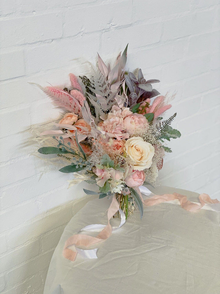 hiddenbotanicsweddings Pastel Pink Artificial Roses & Eucalyptus Boho Bridal Bouquet / Fake Flower Wedding Bouquet
