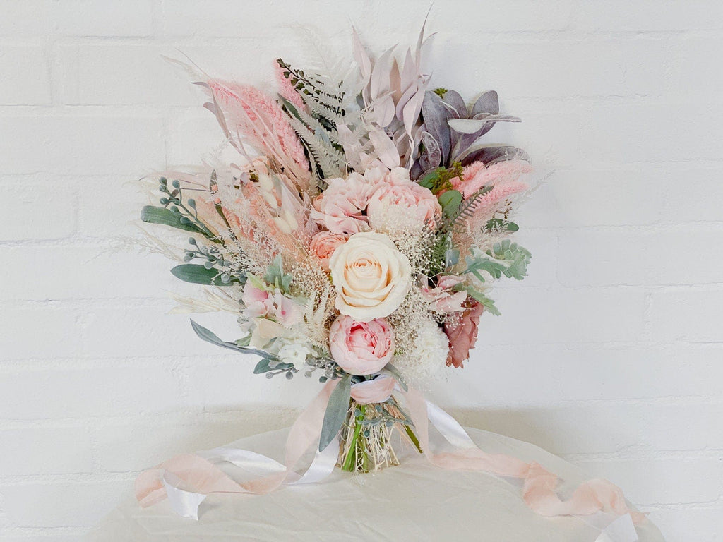 hiddenbotanicsweddings Pastel Pink Artificial Roses & Eucalyptus Boho Bridal Bouquet / Fake Flower Wedding Bouquet