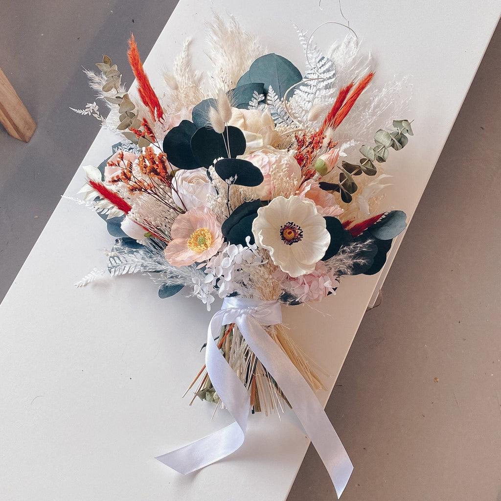 hiddenbotanicsweddings Peach & White Anemones and Dried Eucalyptus Bridal Bouquet / Boho Bouquet With Terracotta / Summer Bouquet / Winter Bouquet / Spring Bouquet