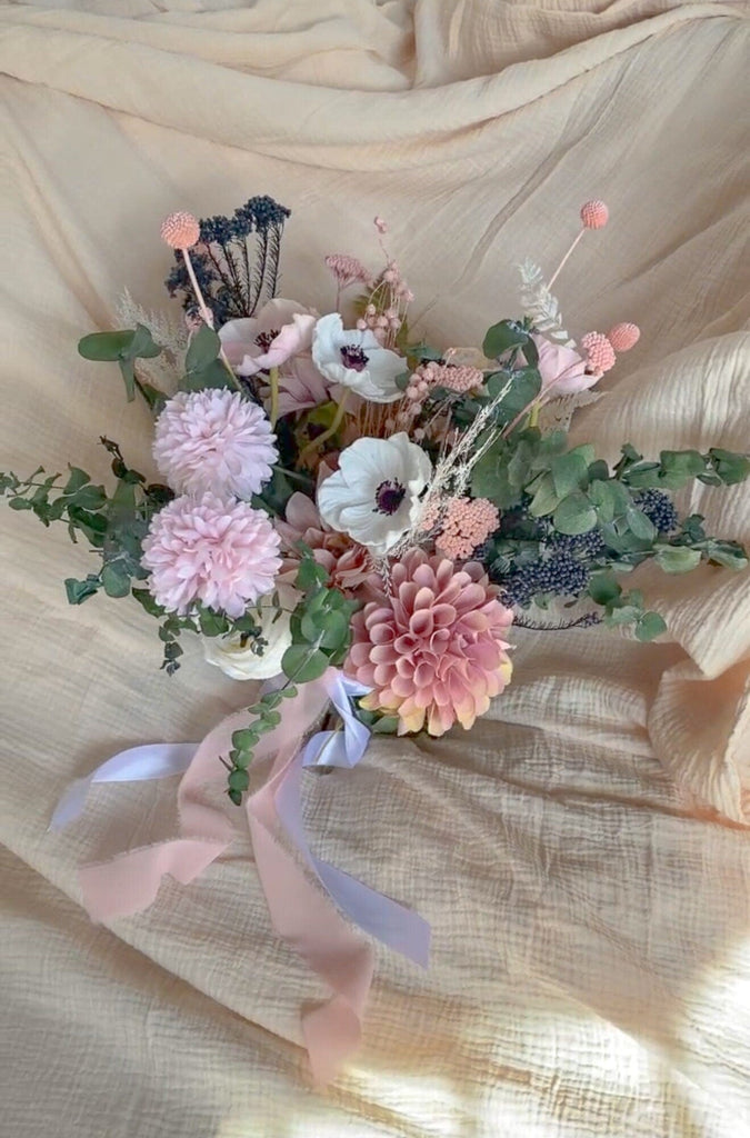 hiddenbotanicsweddings Pink Dahlias & Dried Eucalyptus Wildflower boho bouquet / Black Eyed White Anemone Boho Bouquet / Spring bouquet / Summer Bouquet