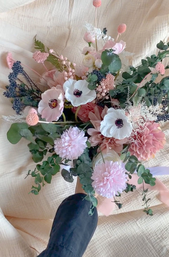 hiddenbotanicsweddings Pink Dahlias & Dried Eucalyptus Wildflower boho bouquet / Black Eyed White Anemone Boho Bouquet / Spring bouquet / Summer Bouquet