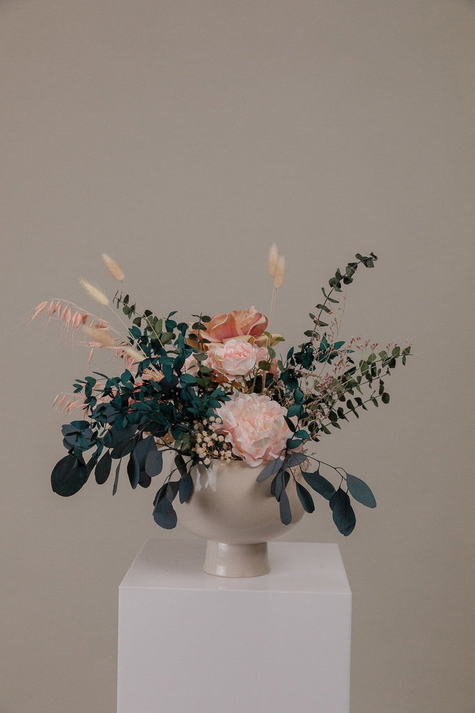 hiddenbotanicsweddings Preserved Eucalyptus & Artificial Peonies Loose Flowers Centerpiece and Vase Arrangement