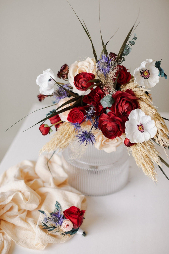 hiddenbotanicsweddings Scottish Thistle & Burgundy Ranunculus, Peonies Boho Bridal Bouquet / White Anemone Bouquet / Red Wedding Bouquet / Pampas Grass Bouquet
