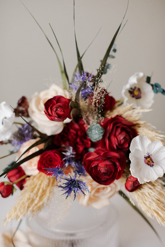 hiddenbotanicsweddings Scottish Thistle & Burgundy Ranunculus, Peonies Boho Bridal Bouquet / White Anemone Bouquet / Red Wedding Bouquet / Pampas Grass Bouquet