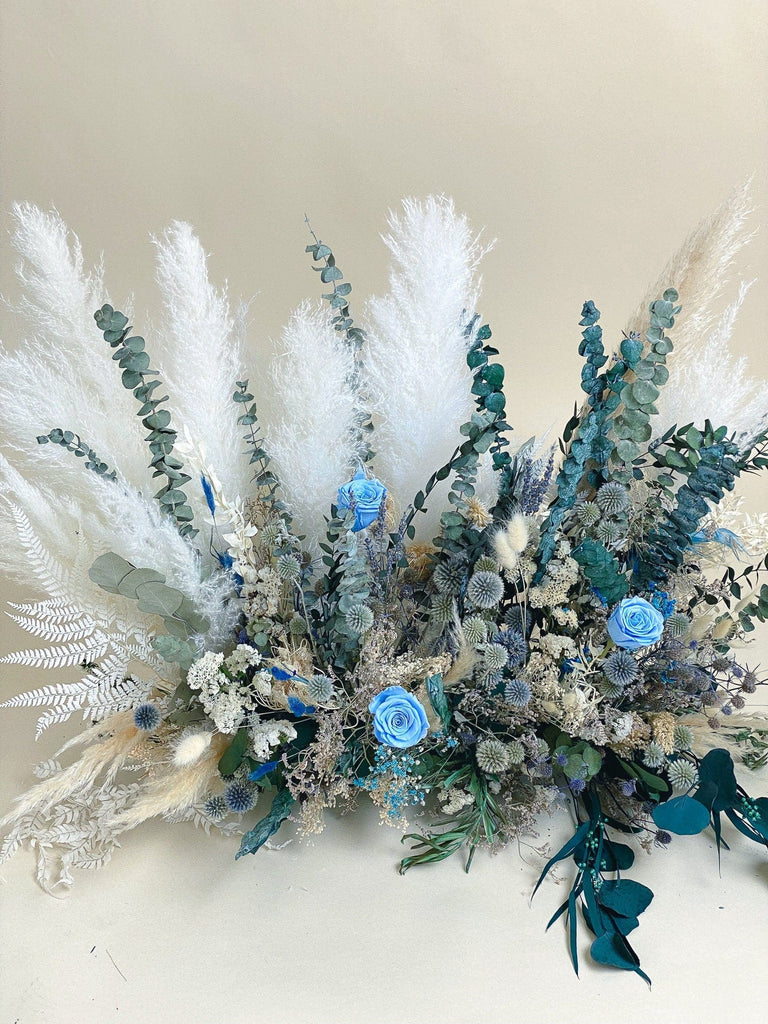 hiddenbotanicsweddings Scottish Thistles and Pampas Grass Floor Arrangement Wedding Ceremony Flowers with Preserved Roses / Arch Decoration / Blue Wedding Flowers
