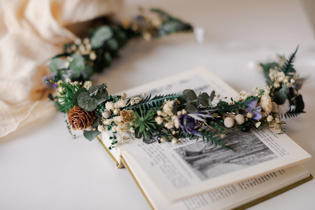 hiddenbotanicsweddings Scottish Winter Wedding Crown with Thistles / Christmas Wedding Boho Bridal Wreath / Greenery Crown with Pine Cones