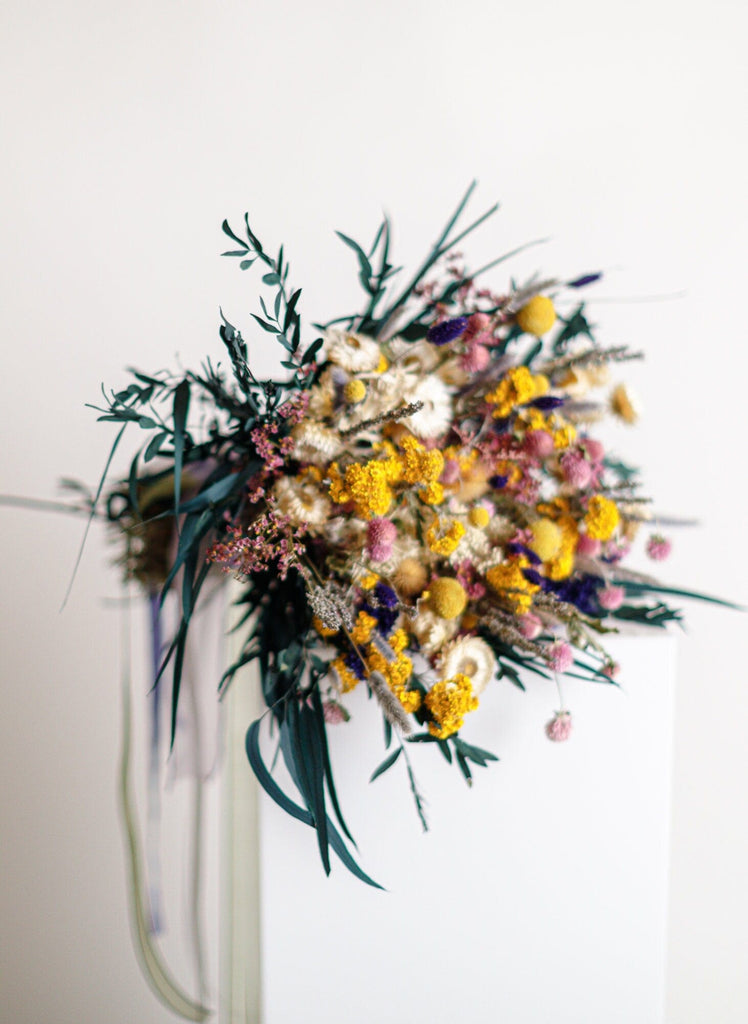hiddenbotanicsweddings Wildflower Yellows and Pink Bridal bouquet / Preserved Eucalyptus Bouquet / Summer Bouquet / boho bride spring flowers