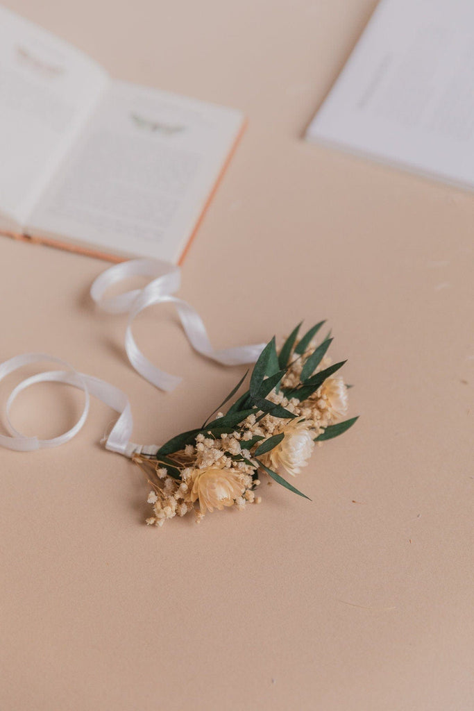 hiddenbotanicsweddings Wrist Corsages Preserved Eucalyptus & Straw Flowers Wrist Corsage  / Gypsophila Wrist Corsage / Flower Bracelet