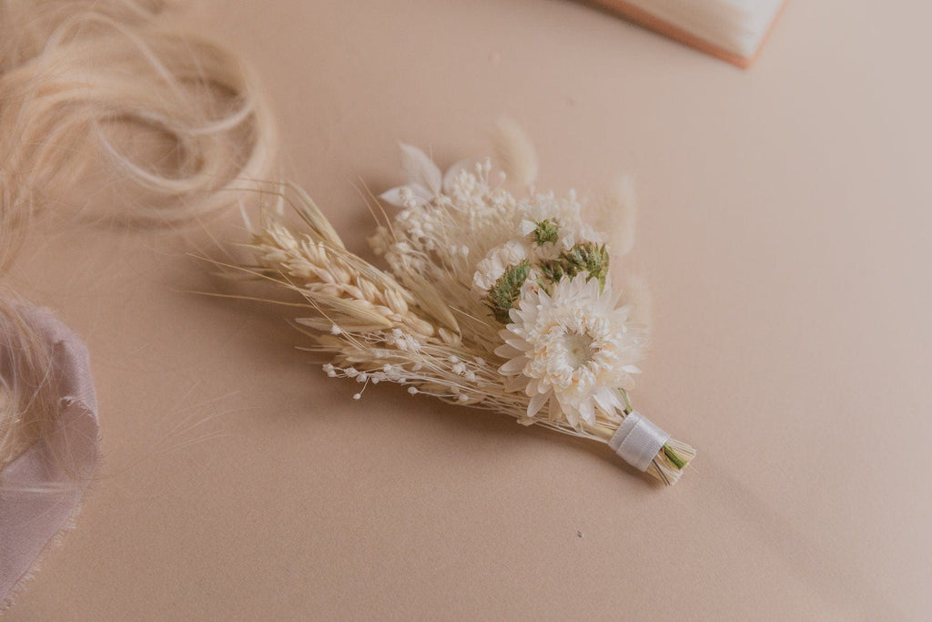 hiddenbotanicsweddings Wrist Corsages White Statice & Straw Flowers Wrist Corsage  / Ruscus Wrist Corsage / Flower Bracelet