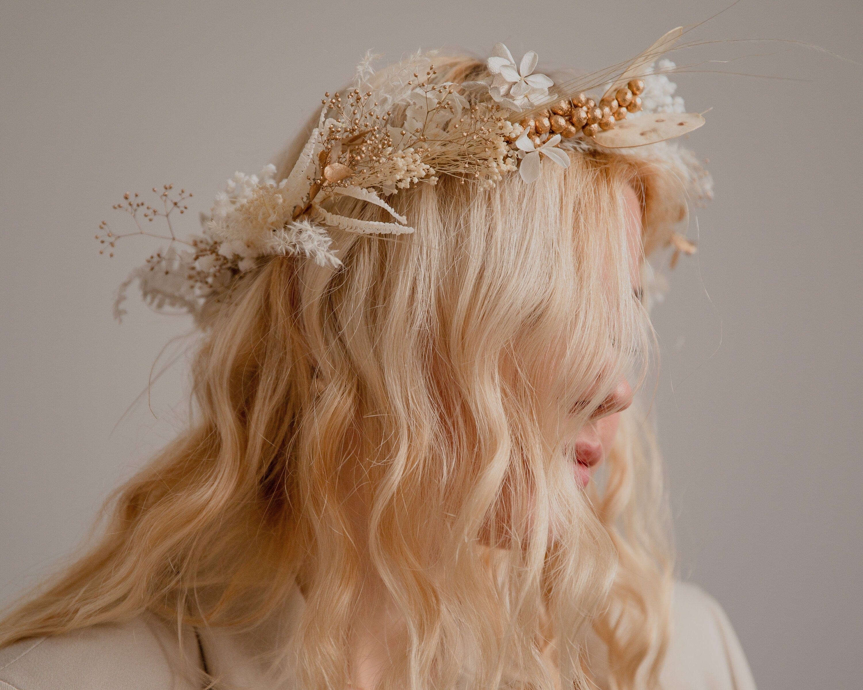 hiddenbotanicsweddings Hair Crowns Golden Berries and Preserved Lunaria Crown/ Pampas Grass Dried Grasses Crown / Dried Flower Crown / Boho Bridal Crown